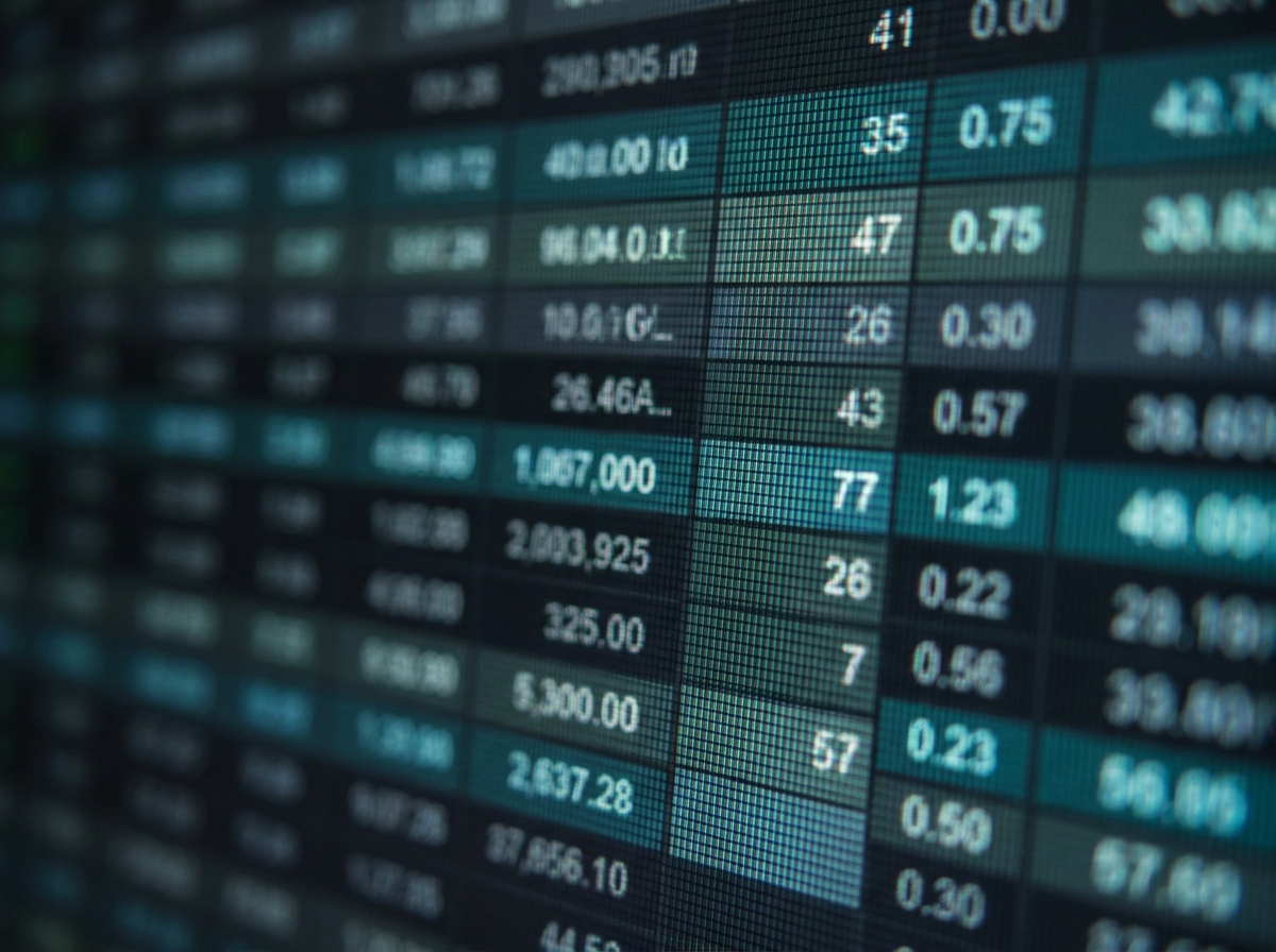 A dense spreadsheet of enriched data on screen, shallow focus, no identities readable